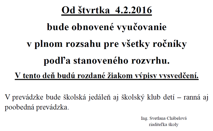 Vyučovanie od 4.2.2016