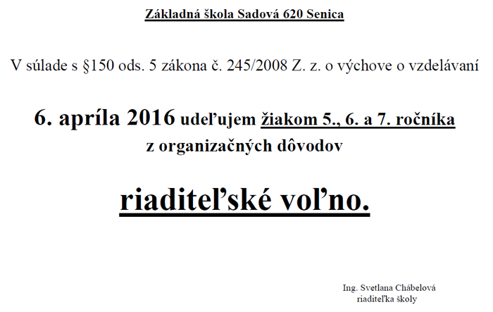 Oznam o riaditeľskom voľne