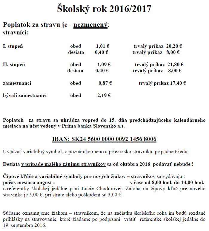 Informácie o poplatkoch za stravu v školskom roku 2016/2017